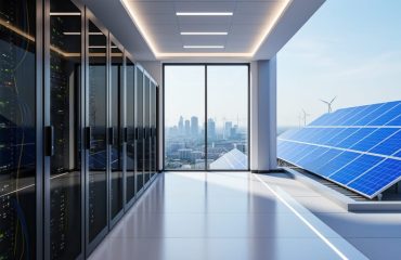 Modern server room with rows of racks and a window view of rooftop solar panels, city skyline, and distant wind turbines under cool daylight.