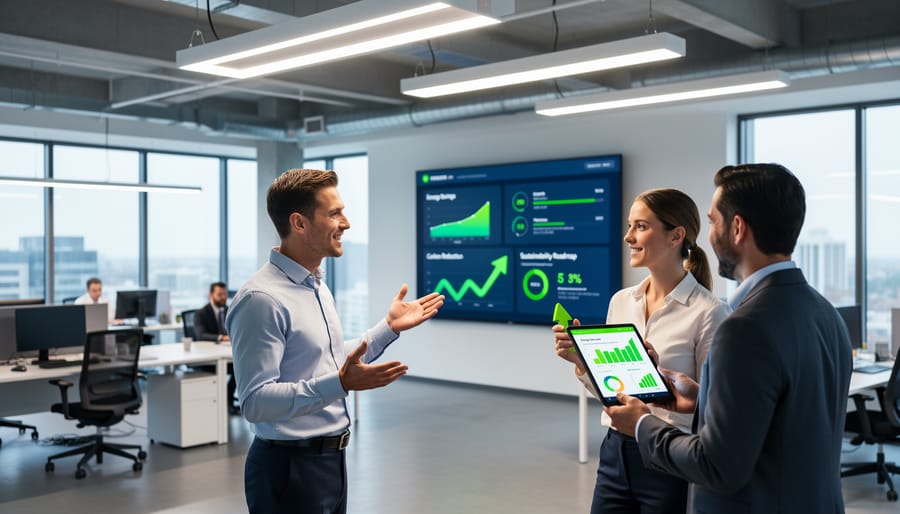 Facilities manager inspecting energy efficient LED lighting installation