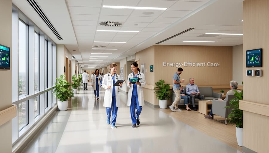 Modern hospital building with energy efficient features including solar panels and upgraded systems