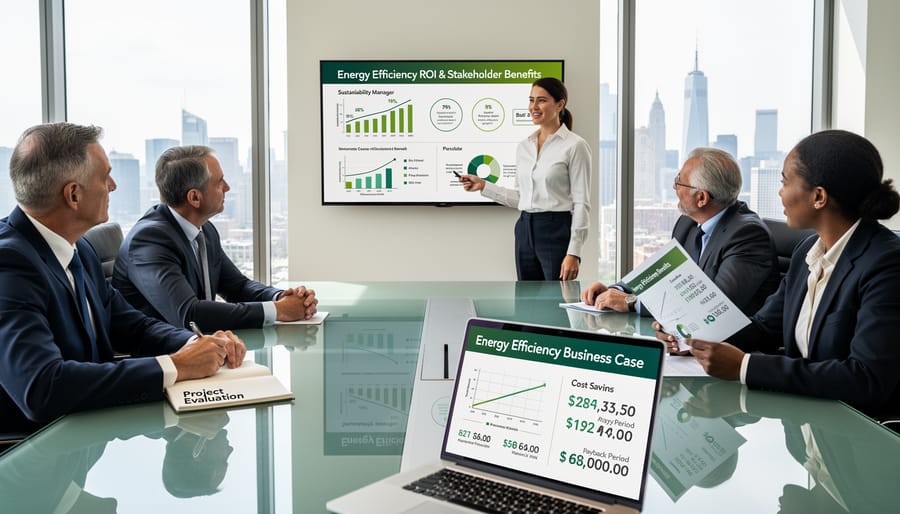 Business team meeting discussing energy efficiency proposals in modern office