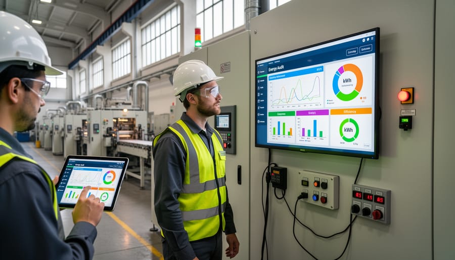 Technician reviewing energy monitoring data in manufacturing facility