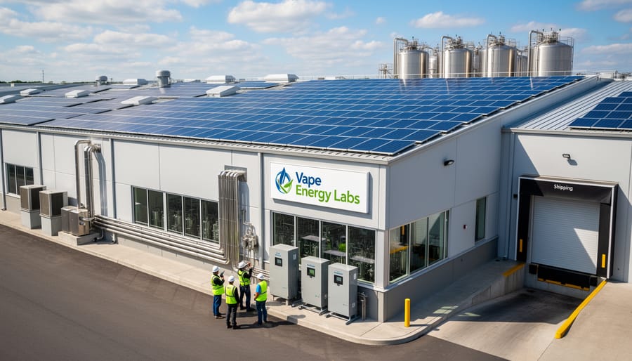 Solar panels installed on industrial manufacturing facility rooftop
