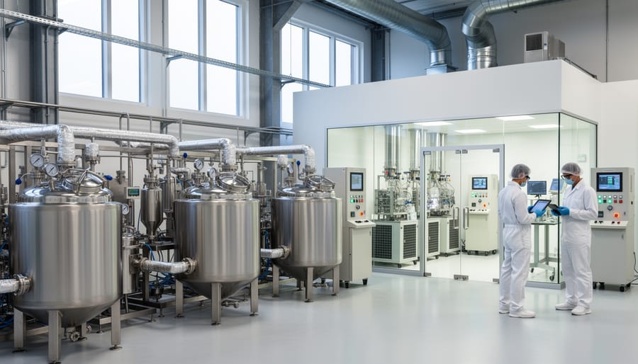 Industrial mixing and heating equipment in cleanroom vape juice manufacturing facility