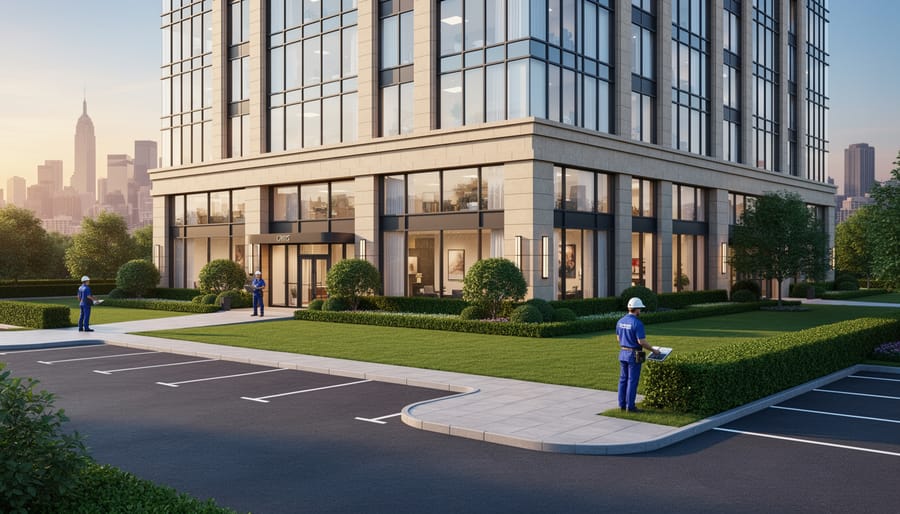 Modern commercial office building exterior with glass facade