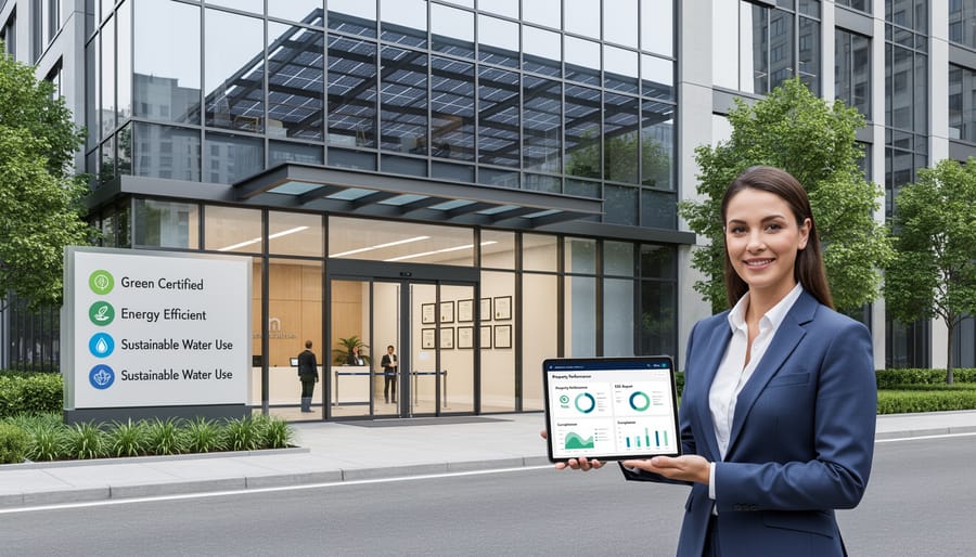 Business professionals completing commercial real estate transaction in modern sustainable office