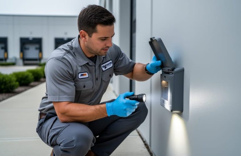 Pest control technician checking a rodent monitoring station beside a modern commercial building, wearing gloves and using a flashlight, with loading dock doors softly blurred in the background