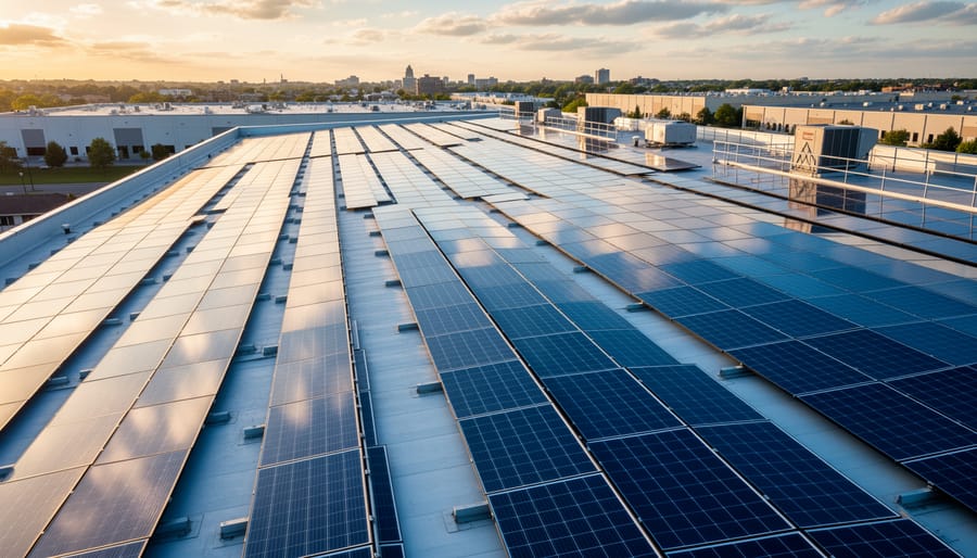 Solar panels installed on a commercial building rooftop.