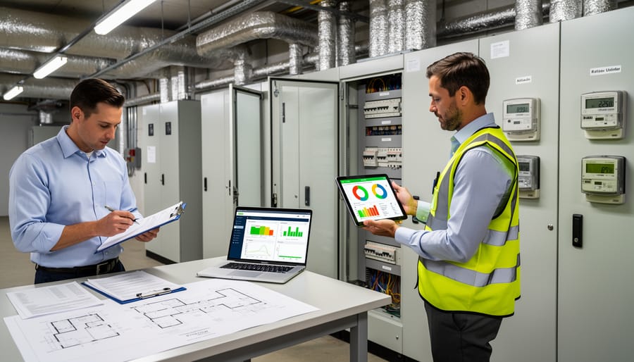 Sustainability engineer reviewing energy data in an electrical room during an audit.