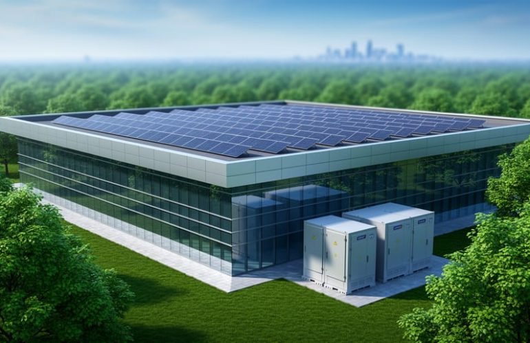 “Modern building with rooftop solar panels and an adjacent battery energy storage unit under soft daylight.”