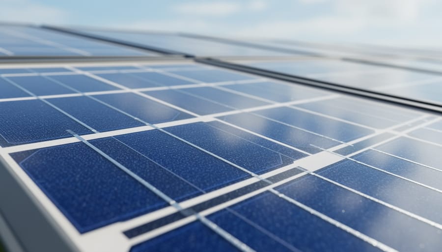 Close-up view of photovoltaic module surfaces with reflective solar cell materials.