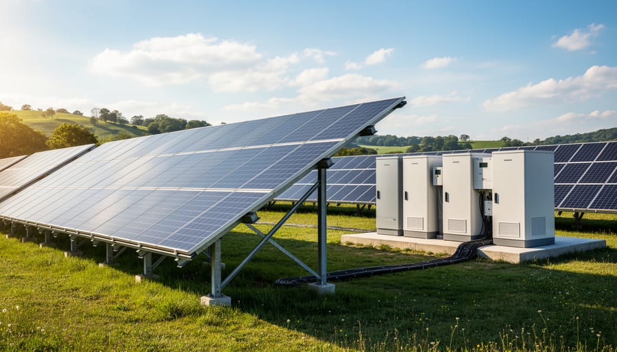 Ground-mounted solar array and fenced battery storage system at an outdoor facility.