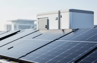 Modern solar rooftop panels in daylight with nearby battery storage equipment partially visible, illustrating solar-plus-storage technology for institutional performance.