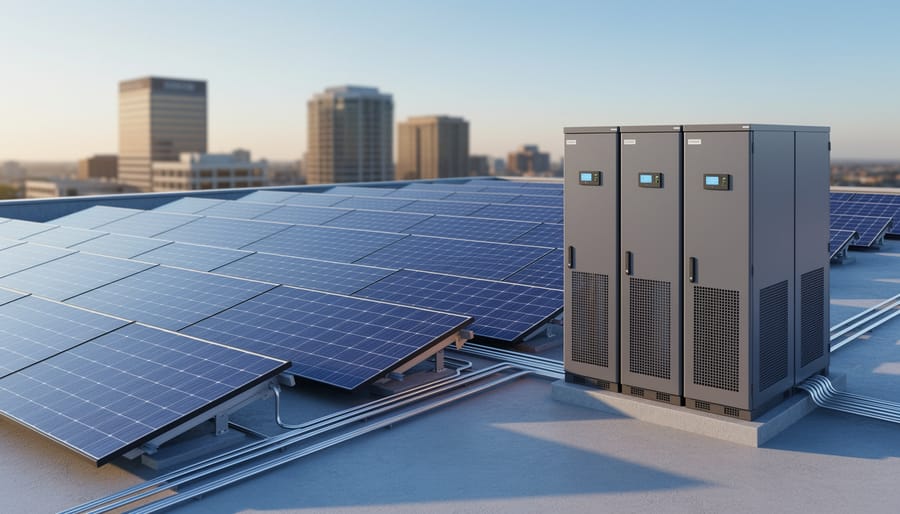 Rooftop solar panels with nearby battery energy storage units on a commercial building.