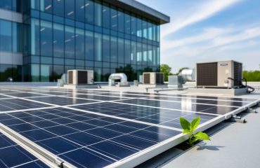 Rooftop solar panels and a small green sprout in front of a modern hospital or university building under daylight, representing energy sustainability.