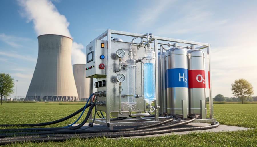 Close-up view of stainless-steel hydrogen electrolyzer equipment inside an industrial facility