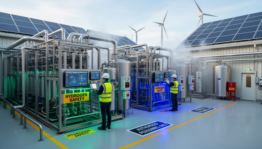 Engineers wearing safety gear inspecting an industrial electrolyzer module at a hydrogen facility.