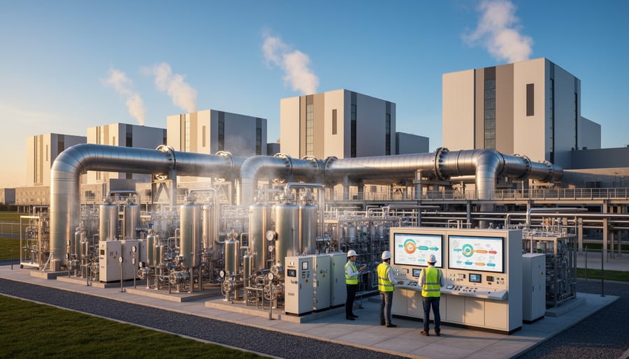 Industrial steam plume rising from a hydrogen or nuclear heat facility under dramatic lighting
