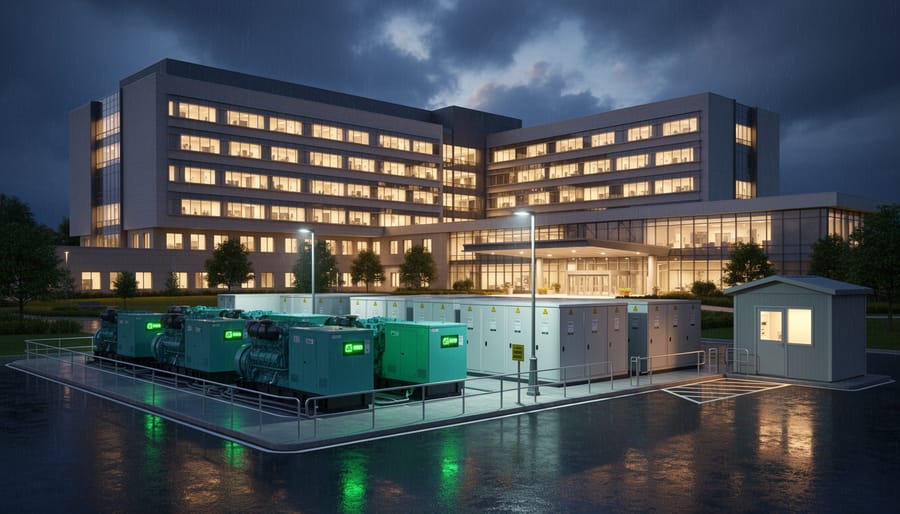 Hospital staff near backup power and energy storage equipment during dusk.