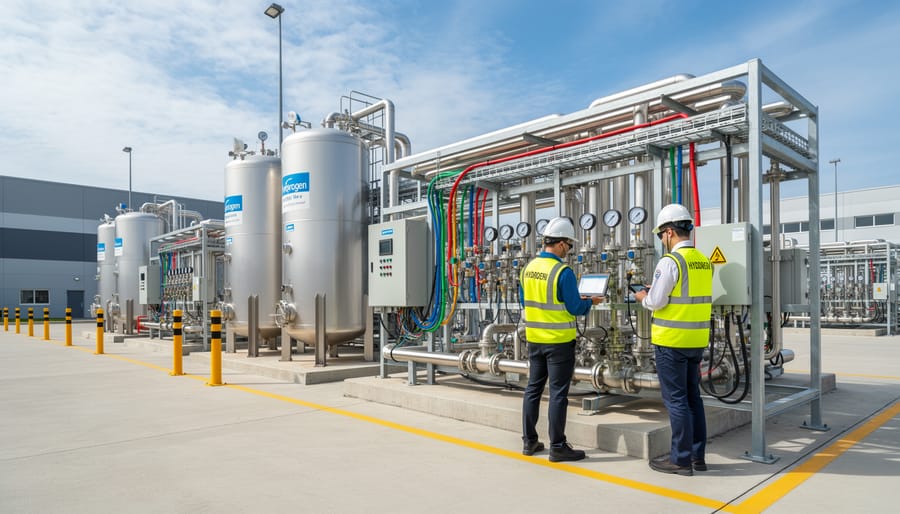 Hydrogen fuel cell delivery station with connected hoses and metallic equipment in an industrial facility.