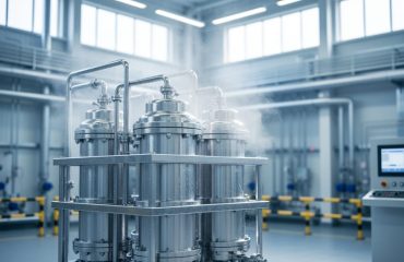 Stainless steel electrolyzer equipment inside a clean hydrogen production facility with subtle vapor in a modern industrial setting.
