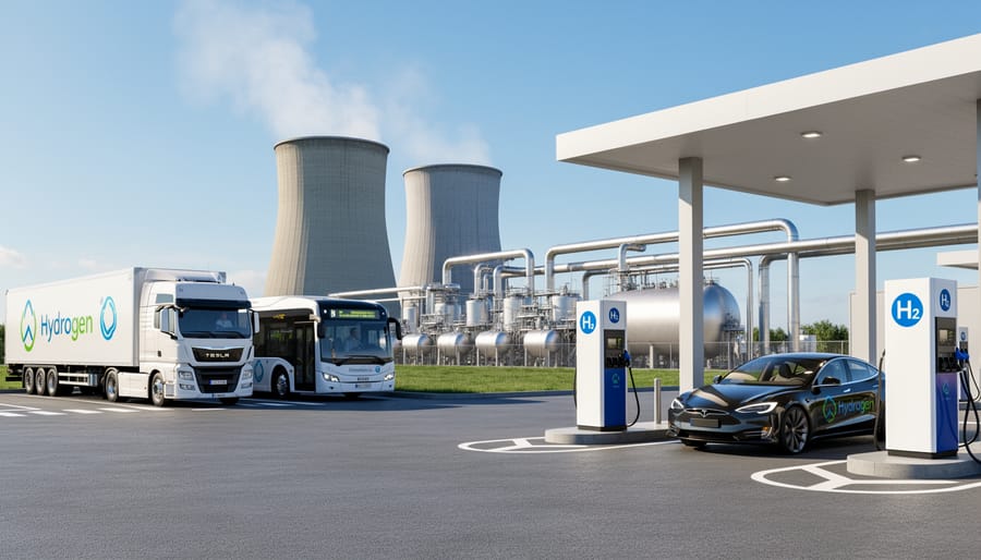 Hydrogen fueling station with a hydrogen-capable truck or bus during early morning light