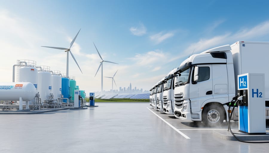 Hydrogen truck at a depot with clean fueling area visible in early morning light.