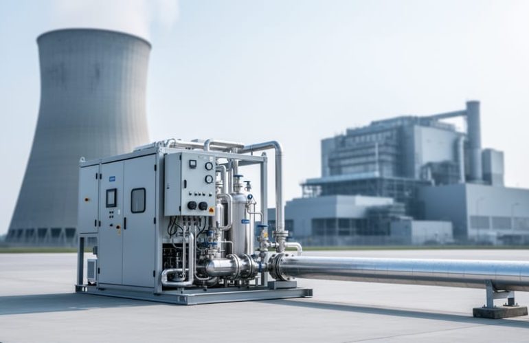 Nuclear power plant structures in the background with a modern hydrogen electrolyzer and pipeline equipment in the foreground, illustrating hydrogen production from nuclear energy.