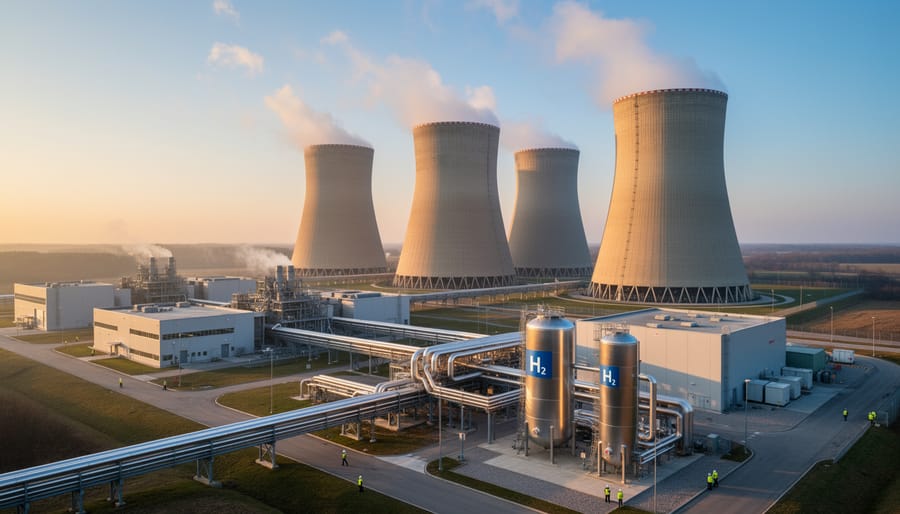 Wide view of cooling towers at a nuclear power plant under an overcast sky