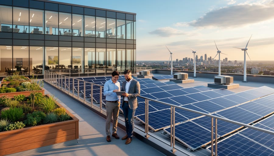 Solar panels on a modern office rooftop with trees and people in the background, suggesting energy sustainability in business operations.