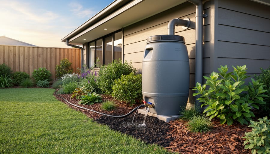 Rain barrel connected to a hose watering a native garden bed