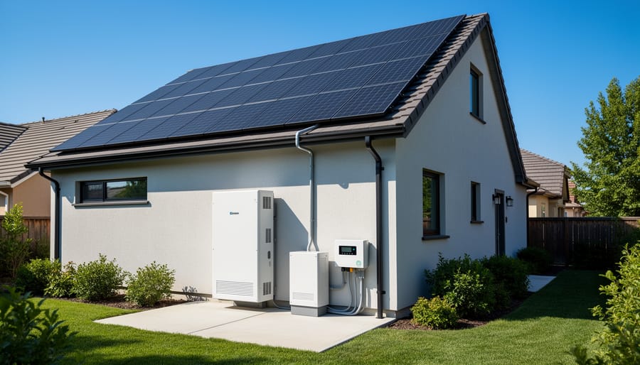 Rooftop solar panels and residential energy storage equipment on a modern home exterior
