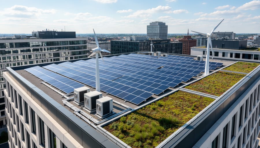 Solar panels on a rooftop at sunrise with wind turbines in the distant background.
