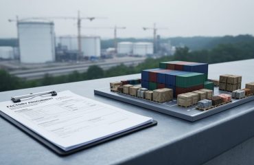 “Clipboard and sustainability documents beside a small supply-chain model of containers and raw-material crates, with blurred industrial facilities in the background to represent indirect Scope 3 emissions.”