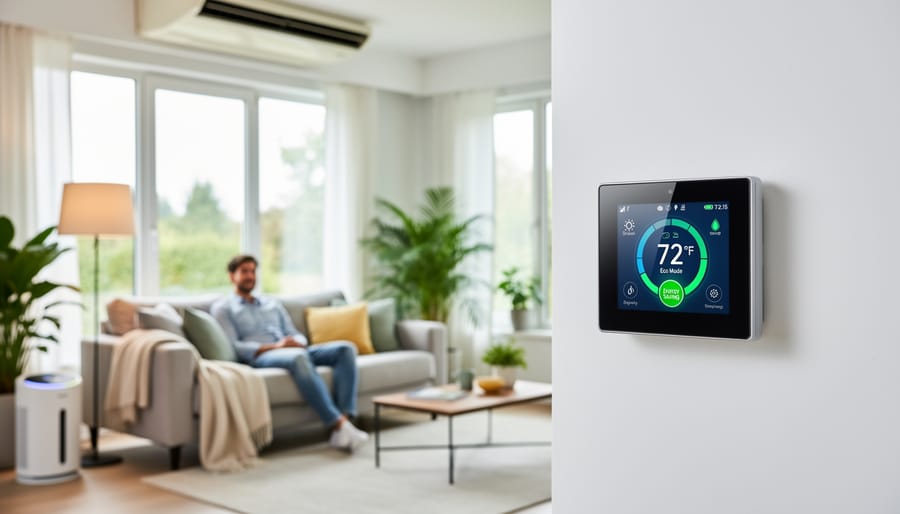 Smart thermostat on a wall in a bright living room with sunlight filtering through windows
