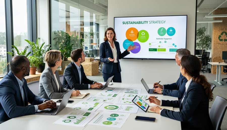 People gathered in a conference room reviewing sustainability-related materials with no readable text or screens visible.