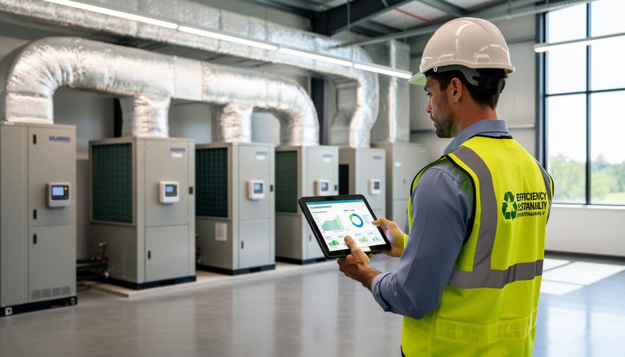 Technician inspecting an HVAC and LED system inside a factory.