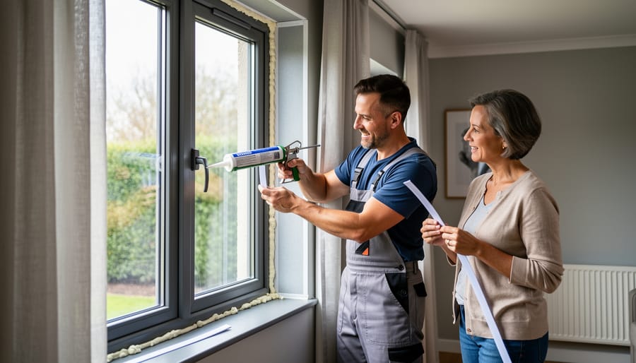 Hand applying weatherstripping around a door frame next to a double-pane window