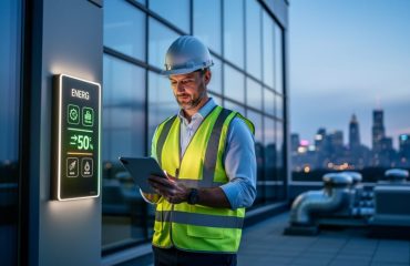 An energy efficiency consultant in safety gear reviewing an energy strategy on a tablet beside a modern building and rooftop equipment at dusk.