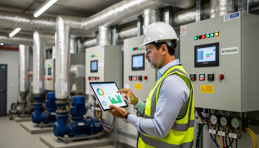 Energy consultant in a hard hat reviewing a tablet next to rooftop HVAC equipment on a commercial building.