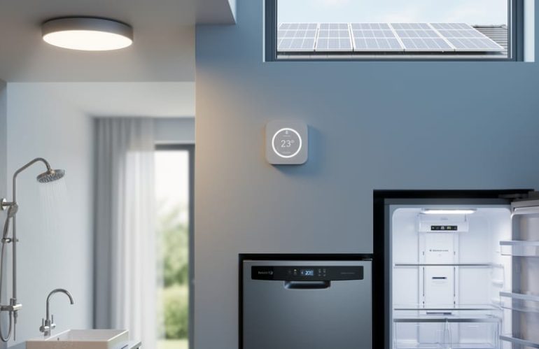 Modern home interior featuring energy-efficient LED lighting, a smart thermostat, water-saving shower and faucet fixtures, and a view of solar panels through a window, suggesting lower utility costs and improved sustainability.
