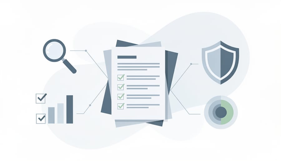 Binder folder, magnifying glass, and envelope on a desk representing document review and assurance.