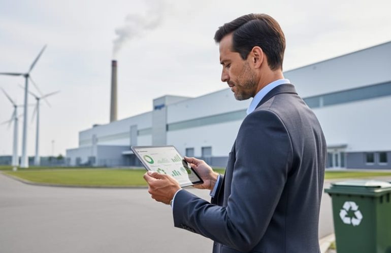 A business analyst reviewing sustainability reporting on a tablet beside an industrial facility with environmental elements like wind turbines, representing ESG compliance.