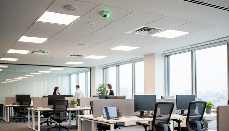Recessed LED lights glowing in a home hallway or bedroom with a ceiling sensor device