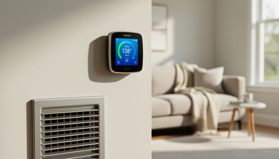Modern living room showing a smart thermostat mounted near an HVAC vent