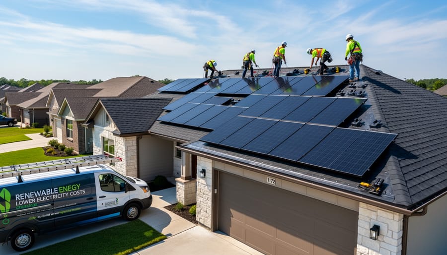 Workers installing solar panels on a residential roof in golden hour sunlight